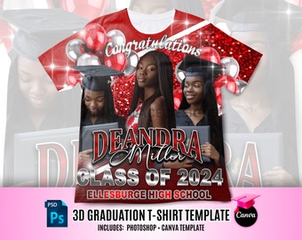 Graduation 3D Tee Shirt Design File, Red and Silver Design File, Editable in canva, T Shirt Design Template, Perfect for Sublimation