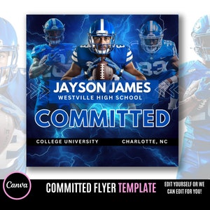 Può includere: Un modello di volantino di impegno di un giocatore di football americano blu e nero con una foto di un giocatore di football americano che tiene un pallone da football. Il volantino dice "Jayson James" e "Westville High School" e "Committed".