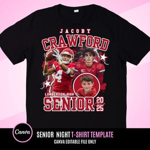 May include: Black t-shirt with a red and white design featuring a football player, a boy, and the text "JACOBY CRAWFORD LUMBERTON HIGH SENIOR 20 25".