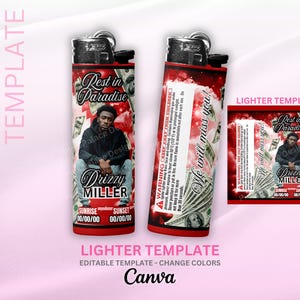 May include: Two red lighters with a memorial design. One lighter features a photo of a person, the text "Rest in Paradise," and "Drizzy MILLER." The other lighter has the text "We will miss you!" and a warning label.