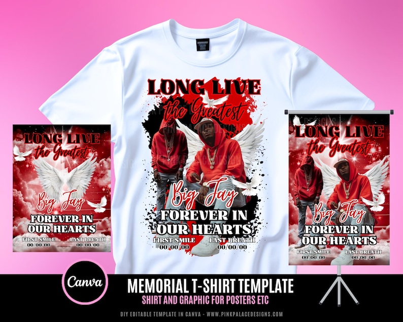 Diseño de camiseta conmemorativa, editable en Canva, plantilla de diseño de camiseta "En memoria de", ideal para sublimación, impresión digital directa a tela (DTF) y impresión digital directa a tela (DTG). Cielo, Descansa en paz. imagen 2
