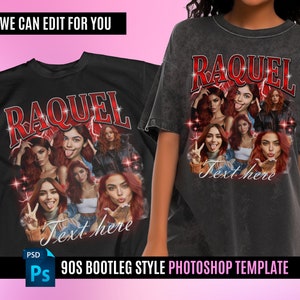 Op de afbeelding: Een zwart T-shirt met een grafisch ontwerp in vintage stijl met de naam "RAQUEL" in rode letters en een collage van afbeeldingen van vrouwen met rood haar. De tekst "Text here" is ook opgenomen in het ontwerp.