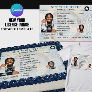 May include: A rectangular cake with dark blue frosting borders and a printed New York State driver licence design featuring a photo of a person, the text Drizzy Smith, and ID 123 456 789. Next to it is a white t-shirt with the same licence graphic.