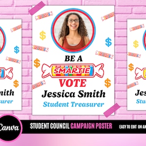 SMARTIE Student Council Poster, class treasurer, class president, Class campaign, high School homecoming, editable digital poster