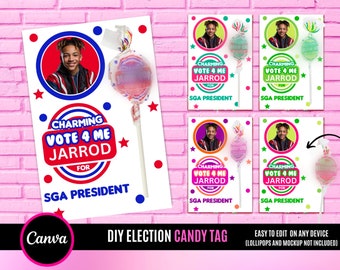 May include: A printable election campaign candy tag featuring a photo of a young man with the text "Charming Vote 4 Me Jarrod for SGA President" in red, white, and blue. The tag is designed to be attached to a lollipop.
