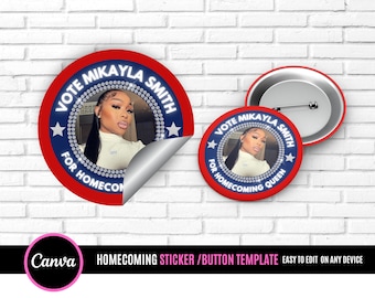 May include: Red, white, and blue circular stickers and a button with the text "VOTE MIKAYLA SMITH FOR HOMECOMING" and a photo of a woman. The sticker has a peel-away corner. The button has a pin back.