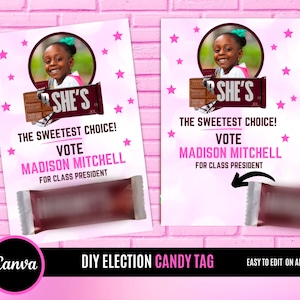Etiqueta de chocolate, cartões de votação de campanha eleitoral, vote em mim, rainha do baile, rei do baile, presidente da classe, Srta. segundo ano