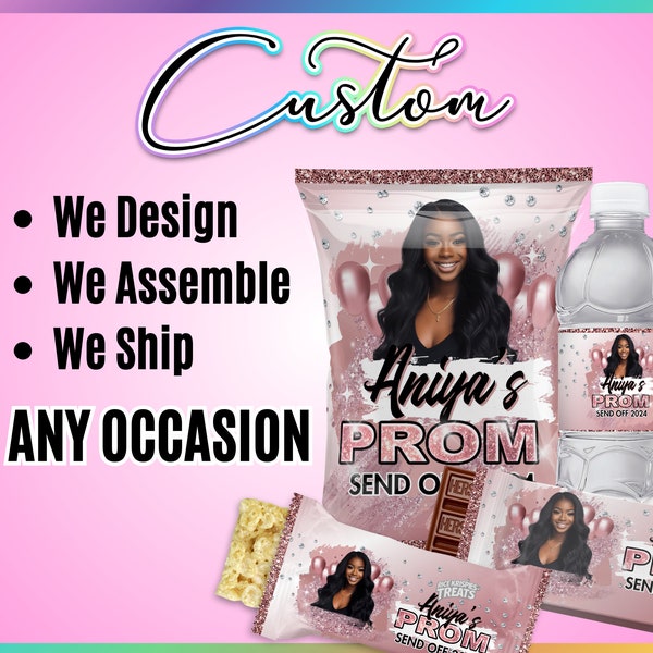 FILLED Custom Party Favors, Party Treats, Custom Party Treats for your event, Chip Bags, Candy Wrappers, Water Labels, Assemble and Ship