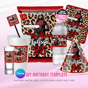 Party Pack , Birthday Bundle, Teen Adult Birthday Party Favor, Party Hat Template, Party Kit BirthdayEditable Templates, Cheetah leopard Red