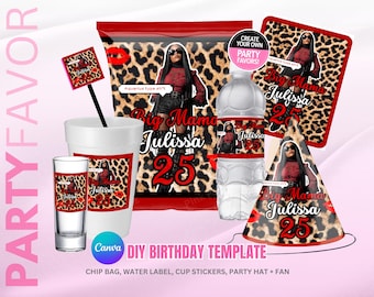 Party Pack , Birthday Bundle, Teen Adult Birthday Party Favor, Party Hat Template, Party Kit BirthdayEditable Templates, Cheetah leopard Red