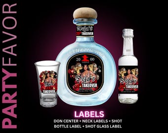 May include: A collection of custom tequila bottle labels and shot glass labels. The labels feature the text "Deja's 25th TAKEOVER" with a photo of a woman. The labels are designed for a party favor.