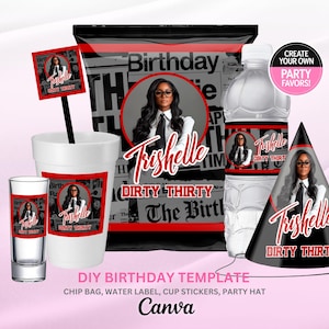 Party Pack , Birthday Bundle, Adult Birthday Party Favor, Party Hat Template, Party Pack, Birthday SZN Editable Templates, Black Red