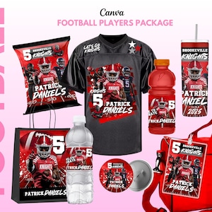 May include: A collection of red and black football-themed items, including a jersey, water bottle, tote bag, snack bag, and a tumbler. The items feature the text "Brookeville Knights" and "Patrick Daniels" with a football player graphic. A red duffel bag is also included.
