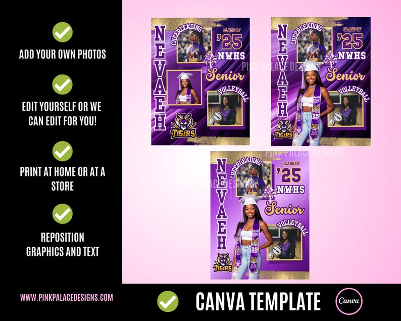May include: Purple and gold graduation sign template for Canva with the name "Nevaeh" and the text "Class of '25 NWHS Senior Volleyball". The sign features a photo collage with space for photos and text.