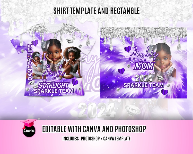 May include: Purple and white digital design template with a girl's photo and the text "Jayla's Mom 2024 Sparkle Team" and "Dance 4 Life Starlight Sparkle Team".