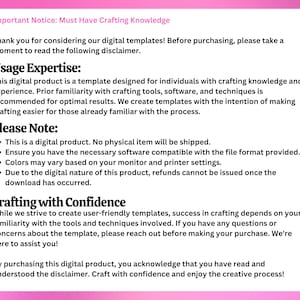 May include: Pink and white text on a pink background with the title "Important Notice: Must Have Crafting Knowledge". The text explains that this is a digital product and that buyers should have crafting knowledge and experience. It also states that refunds cannot be issued once the download has occurred.