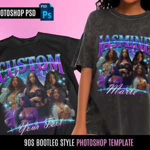 Op de afbeelding: Een zwart T-shirt met een grafisch ontwerp met een groep vrouwen met de tekst "CUSTOM" en "Your Text" in een 90s bootleg stijl.
