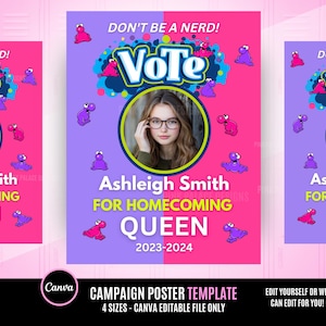 Homecoming queen poster sign, Class campaign, class president, high School homecoming, vote for me,  poster size, Geek Poster, digital