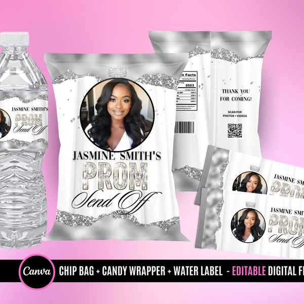 Prom Send off Chip Bag, Prom water label, Prom candy bar Digital Files, White and Silver and gold