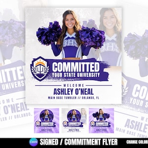 Könnte beinhalten: Ein Flyer mit einer Cheerleaderin, die lila Pompons hält. Der Flyer zeigt "COMMITTED" und "WELCOME ASHLEY O'NEAL". Er ist für einen Main Base Tumbler aus Orlando, FL. Der Flyer hat ein lila und weißes Farbschema.