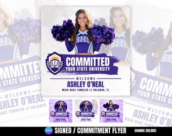 May include: A flyer with a cheerleader holding purple pom-poms. The flyer says "COMMITTED" and "WELCOME ASHLEY O'NEAL". The flyer is for a Main Base Tumbler from Orlando, FL. The flyer has a purple and white color scheme.