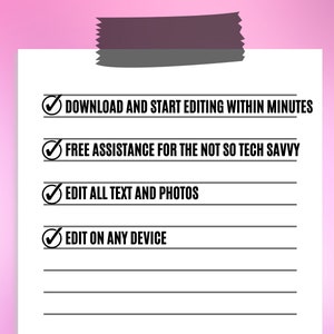 May include: A white paper with black text, secured by a purple tape. The text includes: "DOWNLOAD AND START EDITING WITHIN MINUTES", "FREE ASSISTANCE FOR THE NOT SO TECH SAVVY", "EDIT ALL TEXT AND PHOTOS", and "EDIT ON ANY DEVICE".