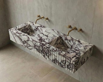 Calacatta Viola Double Sink Vanity: Fluted Marble Wall Mount Basin