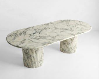 Handcrafted Arabescato Marble Dining Table: Solid Slab, Fluted Base