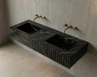Black Marquina Double Sink Vanity: Fluted Marble Wall Mount Basin