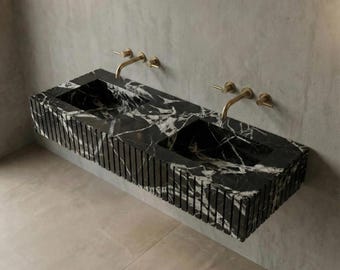Grand Antique Double Sink Vanity: Fluted Marble Wall Mount Basin