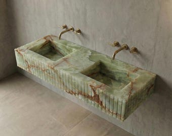 Green Onyx Double Sink Vanity: Fluted Stone Wall Mount Basin