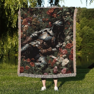 Fallen Knight Woven Blanket: Medieval Gothic Tapestry Throw