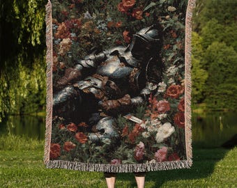 Fallen Knight Woven Blanket: Medieval Gothic Tapestry Throw