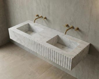 Carrara Marble Double Sink Vanity: Fluted Stone Wall Mount Basin