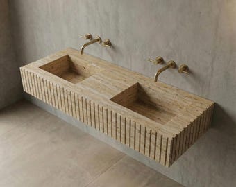 Beige Travertine Double Sink Vanity: Fluted Stone Wall Mount Basin