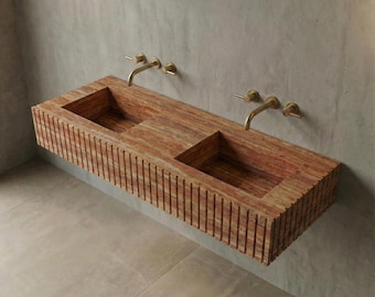 Red Travertine Double Sink Vanity: Fluted Stone Wall Mount Basin
