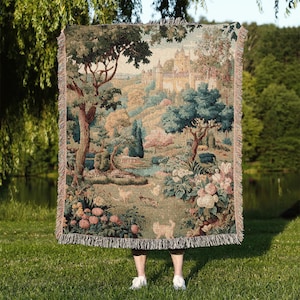 Medieval Cat Garden Woven Blanket: Cottagecore Tapestry Throw