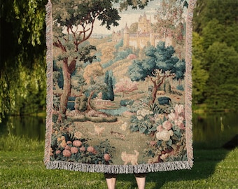 Medieval Cat Garden Woven Blanket: Cottagecore Tapestry Throw