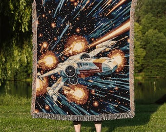 Star Wars X-Wing Woven Blanket, Space Battle Tapestry Throw Blanket, 100% Cotton, Sci-Fi Wall Hanging, Cozy Star Wars Gift