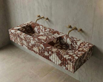 Red Bulgari Marble Double Sink Vanity: Fluted Stone Wall Mount Basin
