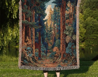Sunlit Redwood Forest Woven Blanket: Cottagecore Tapestry Throw