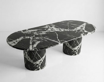 Handcrafted Grand Antique Marble Dining Table: Solid Slab, Fluted Base