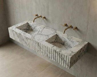 Arabescato Marble Double Sink Vanity: Fluted Stone Wall Mount Basin