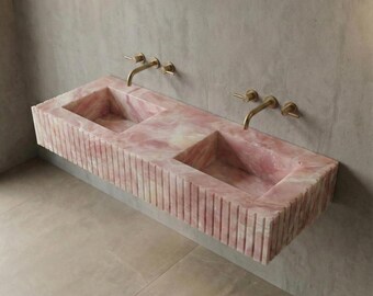 Pink Onyx Double Sink Vanity: Fluted Stone Wall Mount Basin
