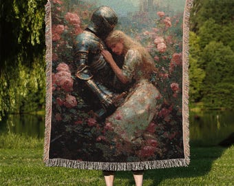 Knight and Maiden Woven Blanket: Medieval Romance Tapestry Throw