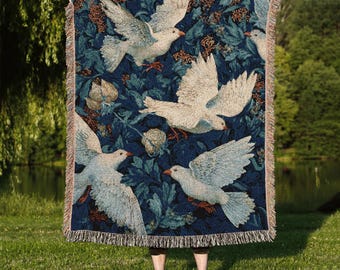 White Dove Woven Blanket: Peaceful Cottagecore Tapestry Throw