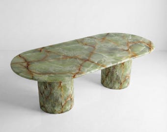 Handcrafted Green Onyx Marble Dining Table: Solid Slab, Fluted Base
