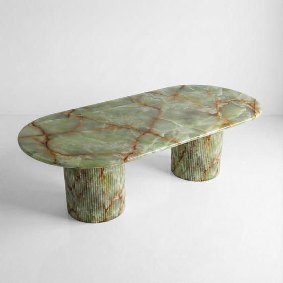 Handcrafted Green Onyx Marble Dining Table: Solid Slab, Fluted Base