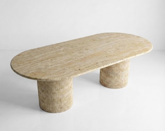 Handcrafted Beige Travertine Dining Table: Solid Slab, Fluted Base