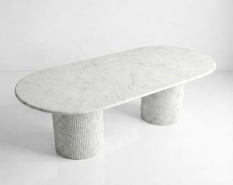 Handcrafted Carrara Marble Dining Table: Solid Slab, Fluted Base